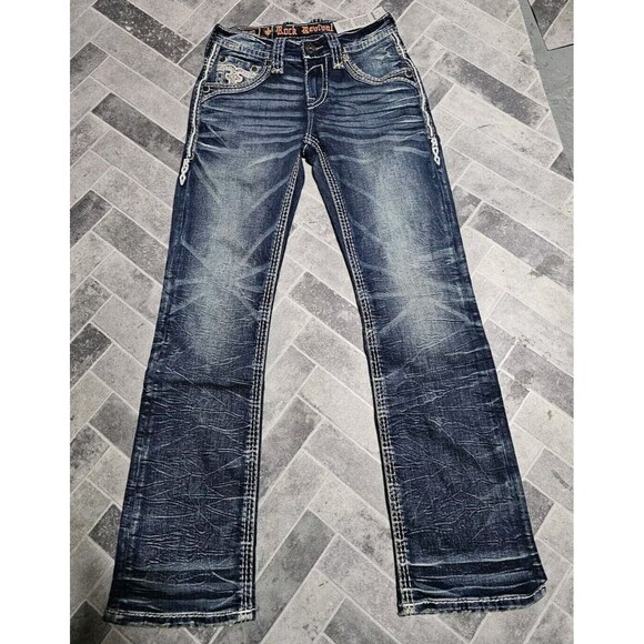 New Rock Revival Sami Slim Boot Stretch Blue Denim Jeans Men’s 27x31 Pocket Logo